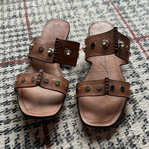 LOLA CRUZ Brown Leather Studded Crystal Slide Sandals Women 8 - Picture 2 of 5
